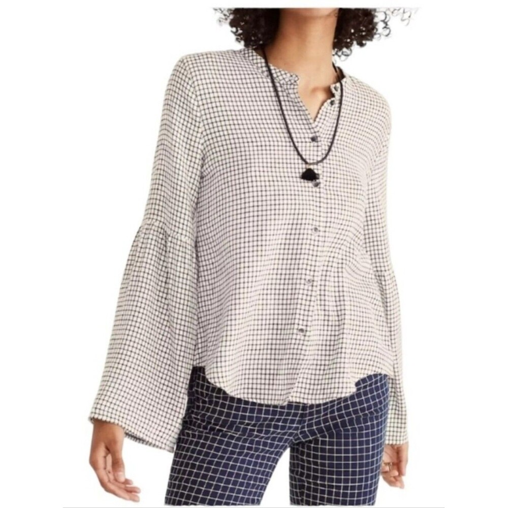 Madewell Black & White Grid Check Bell Sleeve Button Front Blouse Top Size Small